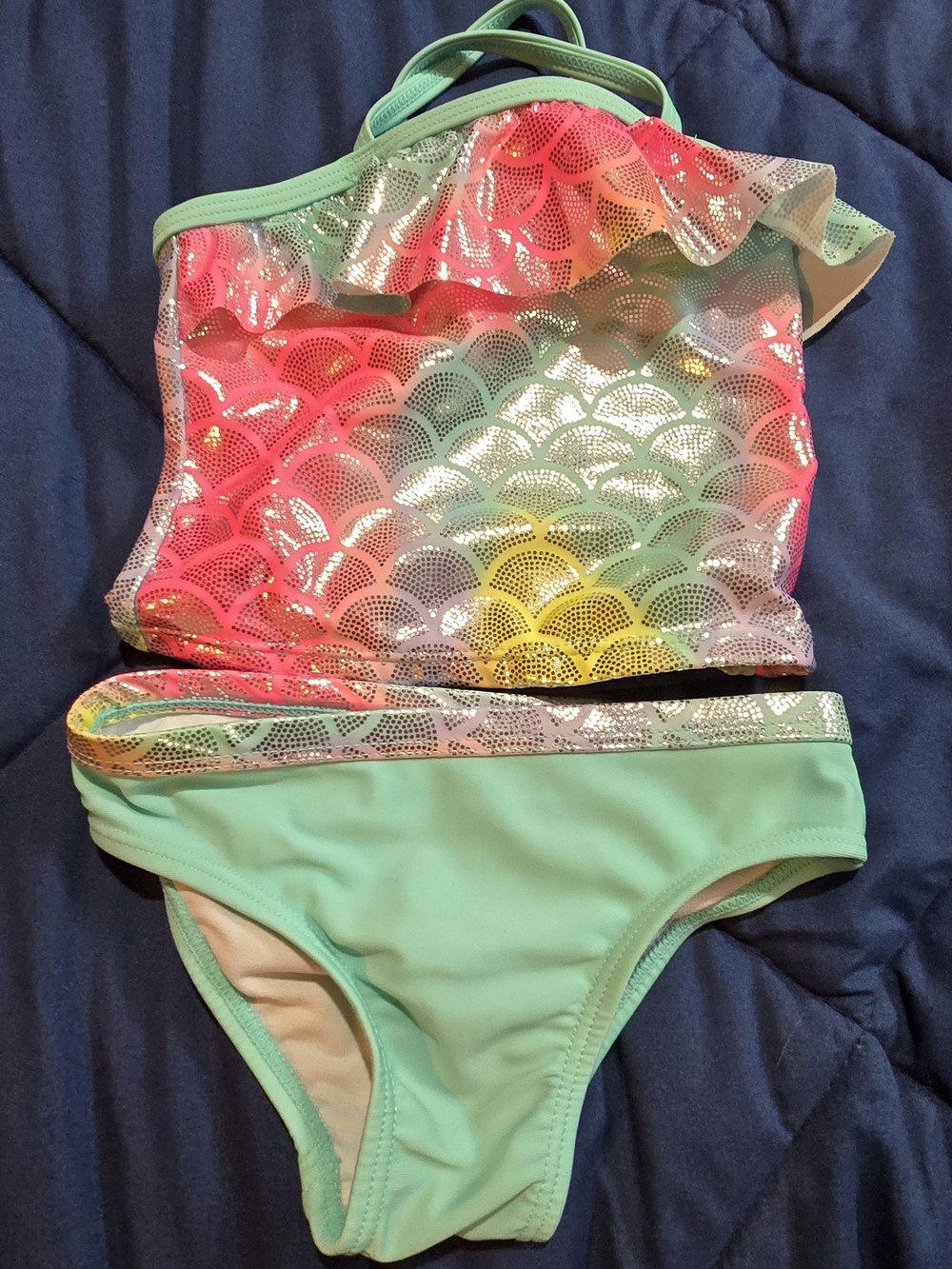Girls' Mint and Multi-Color Mermaid Ruffle Tankini - Kids Swim